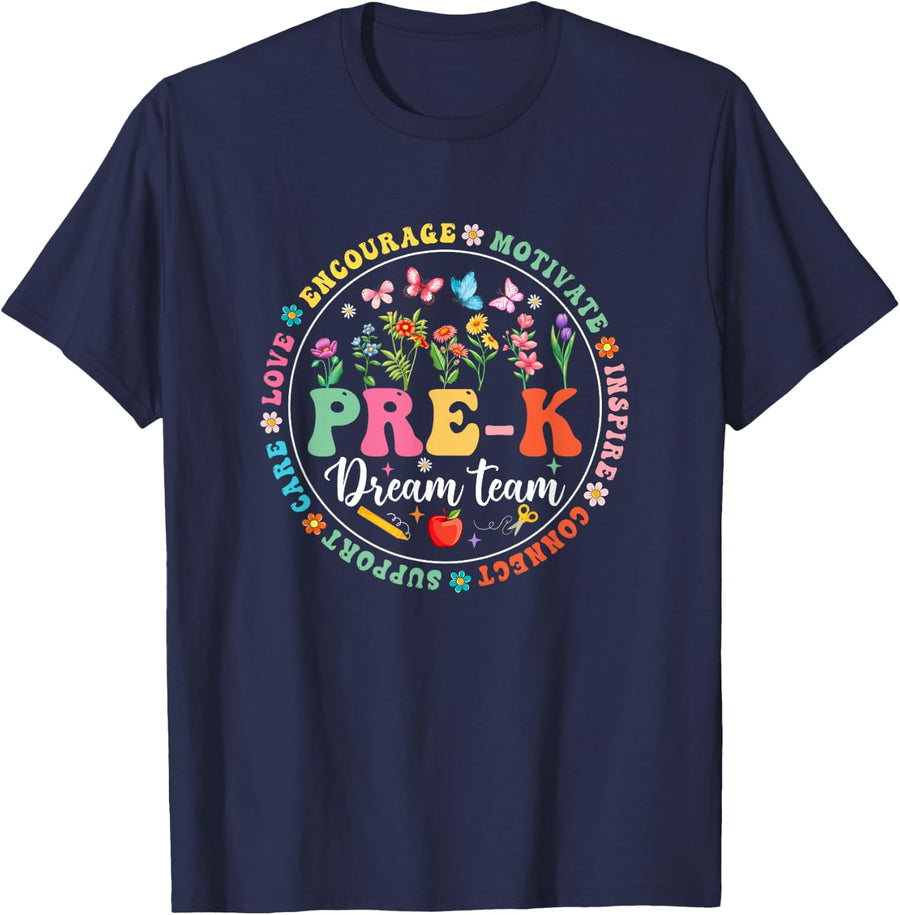 Pre-K Dream Team Back to School Teacher Flower T-Shirt Tee for Women Men - Navy Blue