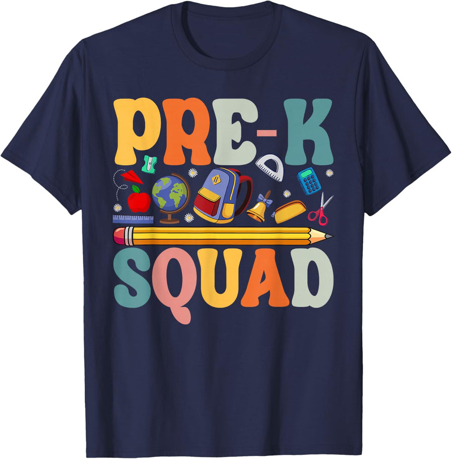 Pre-k Squad Back to School Teacher Student Crew T-Shirt - Navy Blue