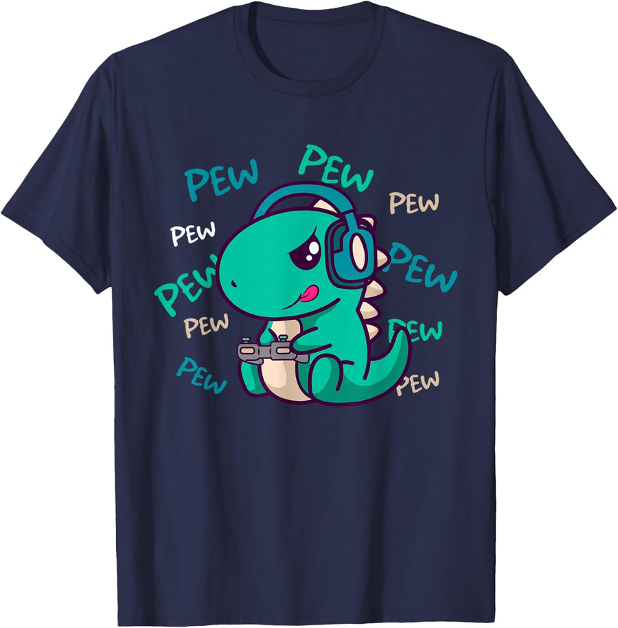 Pew Pew Pew Cute T-Rex Dinosaur Gaming Video Gamer T-Shirt - Navy Blue