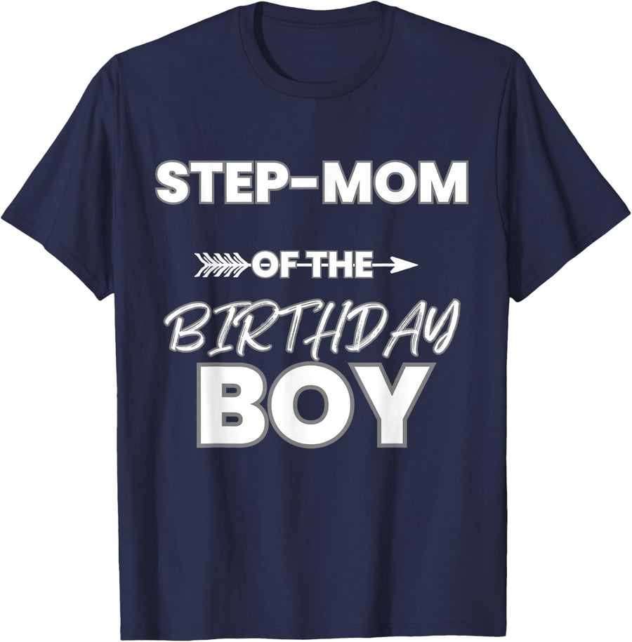 Step-Mom Of The Birthday Boy Matching Themed Party Family T-Shirt - Navy Blue