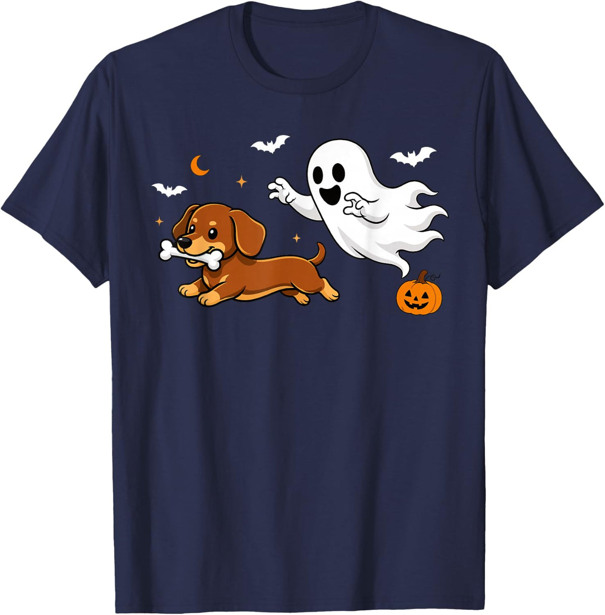 Ghost Chasing Dachshund Halloween Dachshund Lover T-Shirt - Navy Blue