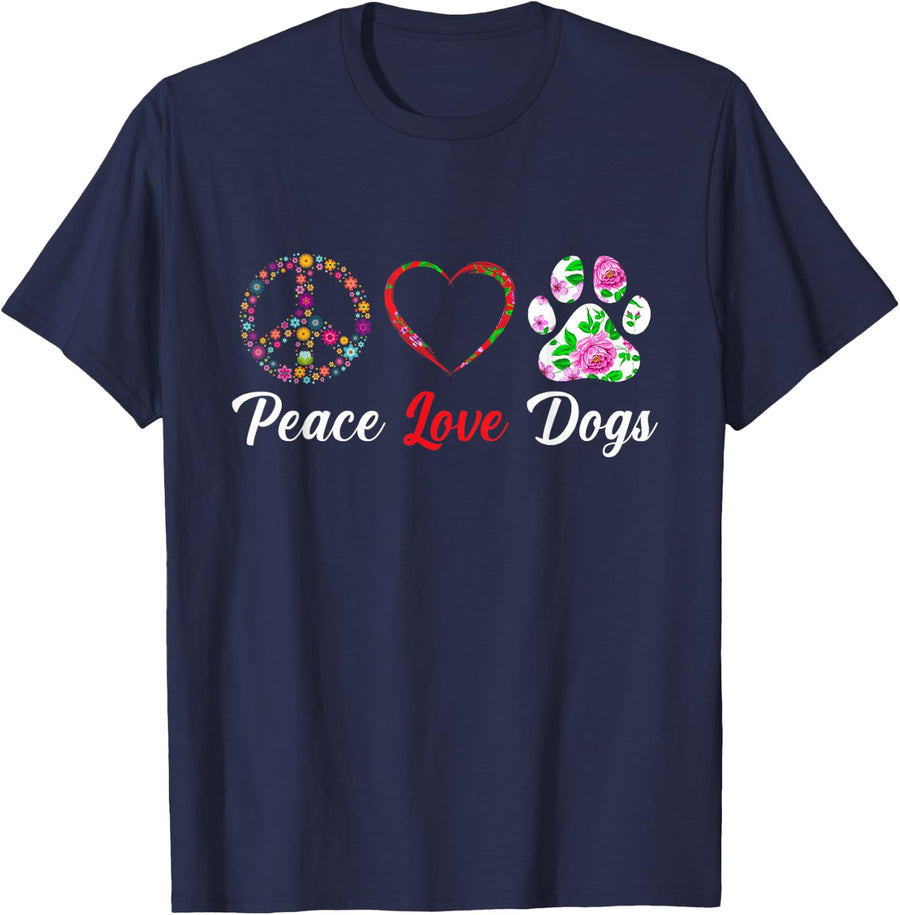 Peace Love Dogs Floral Dog Paw Dog Mom Cute Mother's Day T-Shirt - Navy Blue