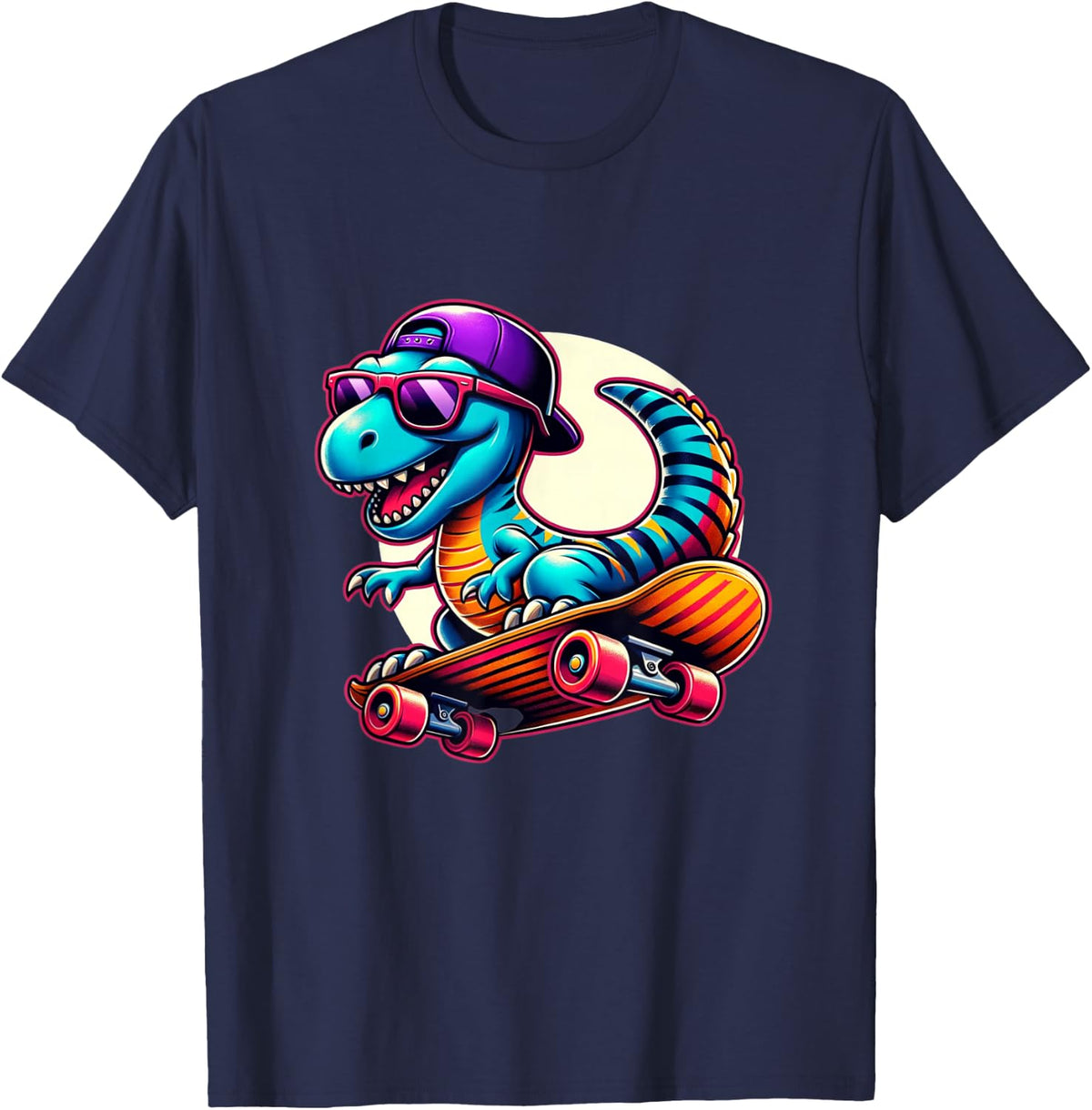 Dinosaur Riding Skateboard Funny T-Rex Dino Skateboarding T-Shirt - Navy Blue