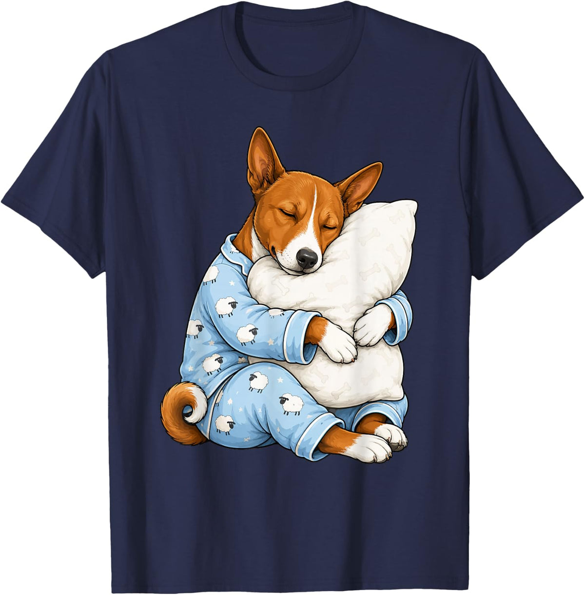 Basenji Sleeping in Cute Pajamas Sleep Dog T-Shirt - Navy Blue