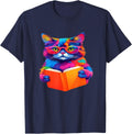 Cat Book Shirt - Colorful Cat Reading Book T-Shirt - Navy Blue