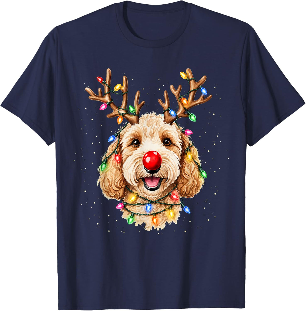 Christmas Goldendoodle Reindeer Christmas Lights Doodle Dog T-Shirt - Navy Blue