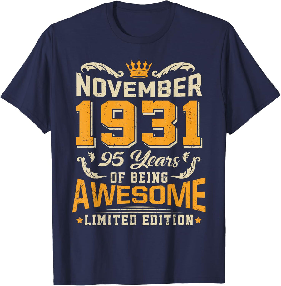 November 1931 Vintage 95 Years Awesome 95th Birthday T-Shirt - Navy Blue