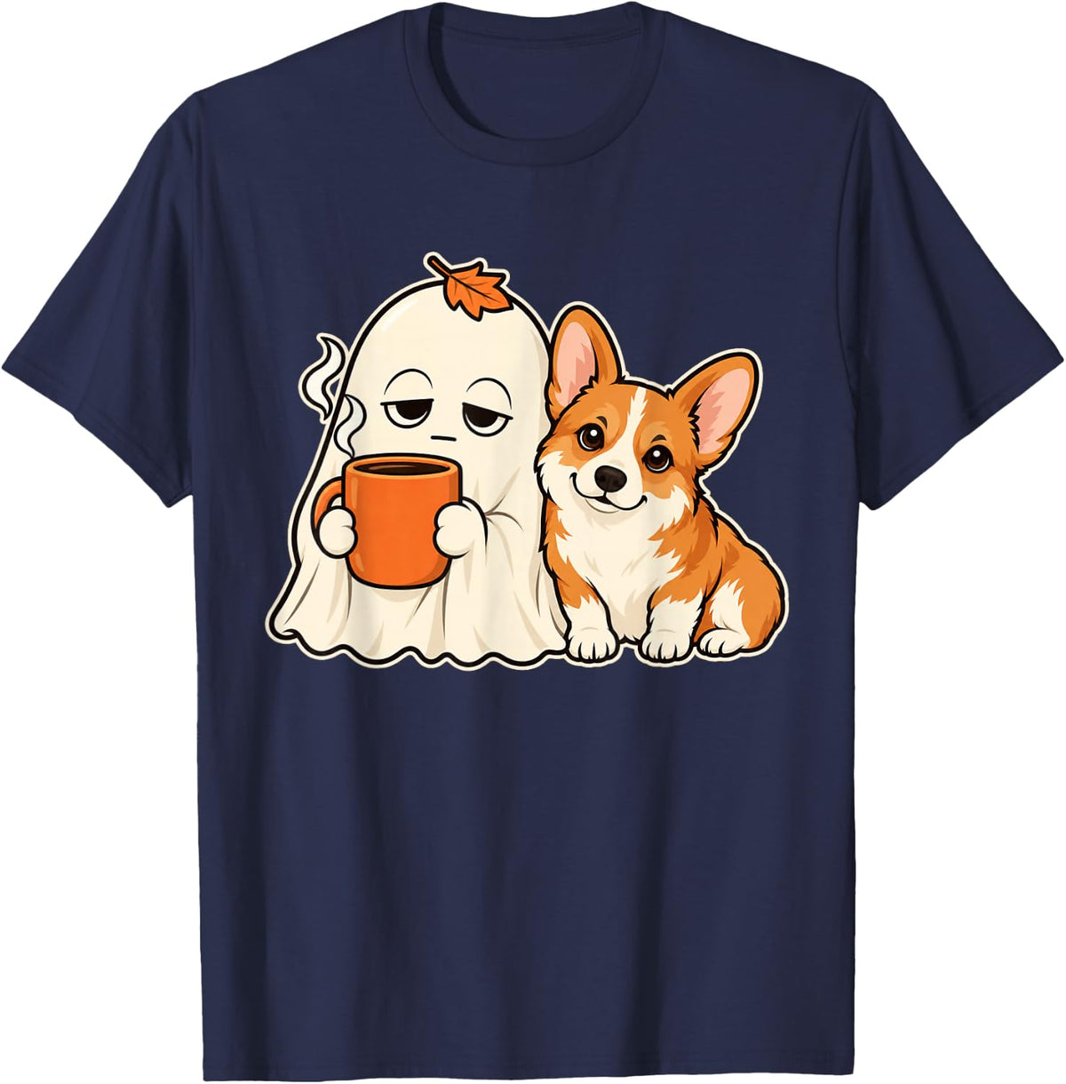 Pembroke Welsh Corgi Halloween Sleepy Ghost Coffee Humor T-Shirt - Navy Blue