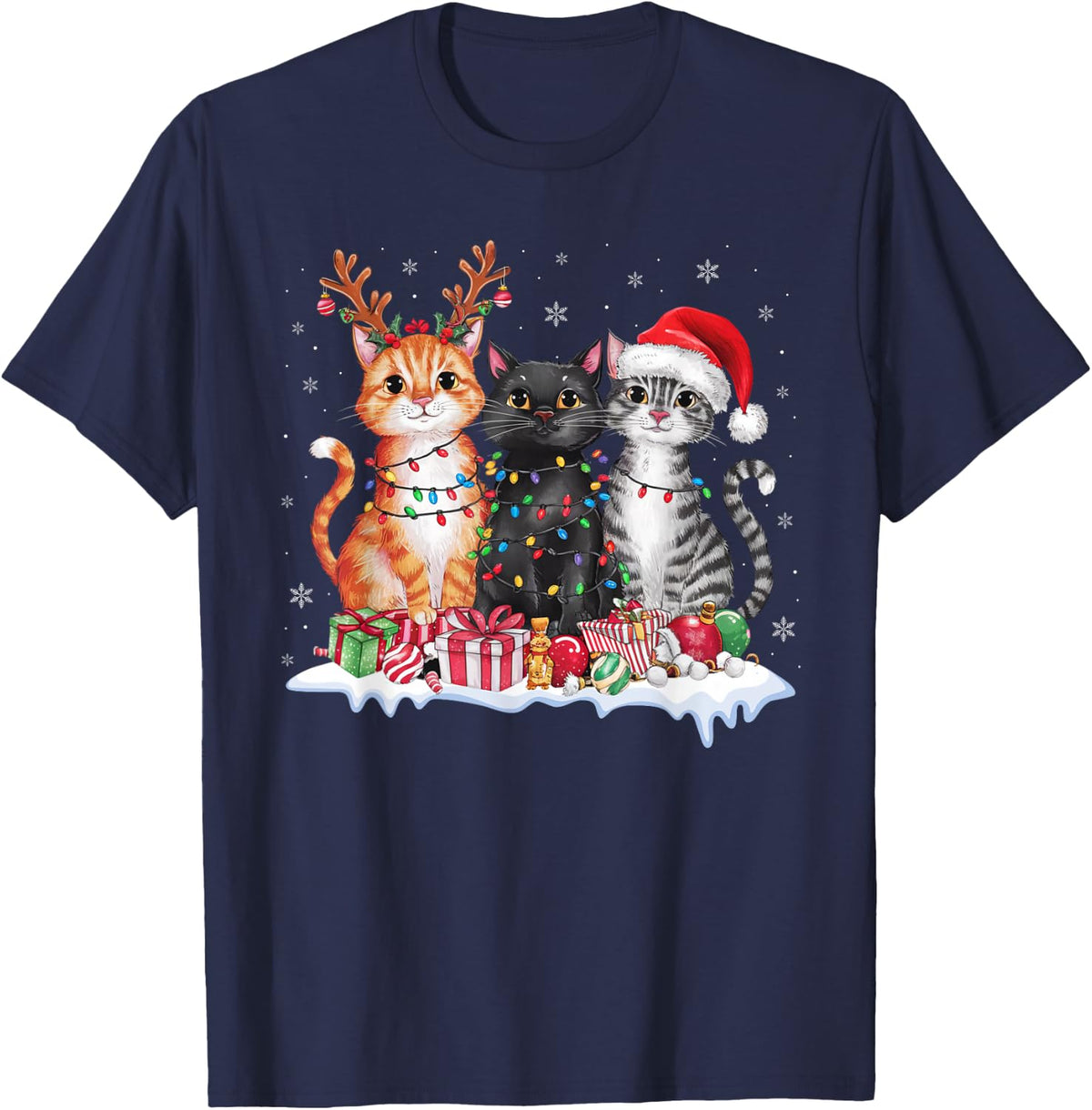 Santa Cat Christmas Light Gorgeous Reindeer Pajama Cat Lover T-Shirt - Navy Blue