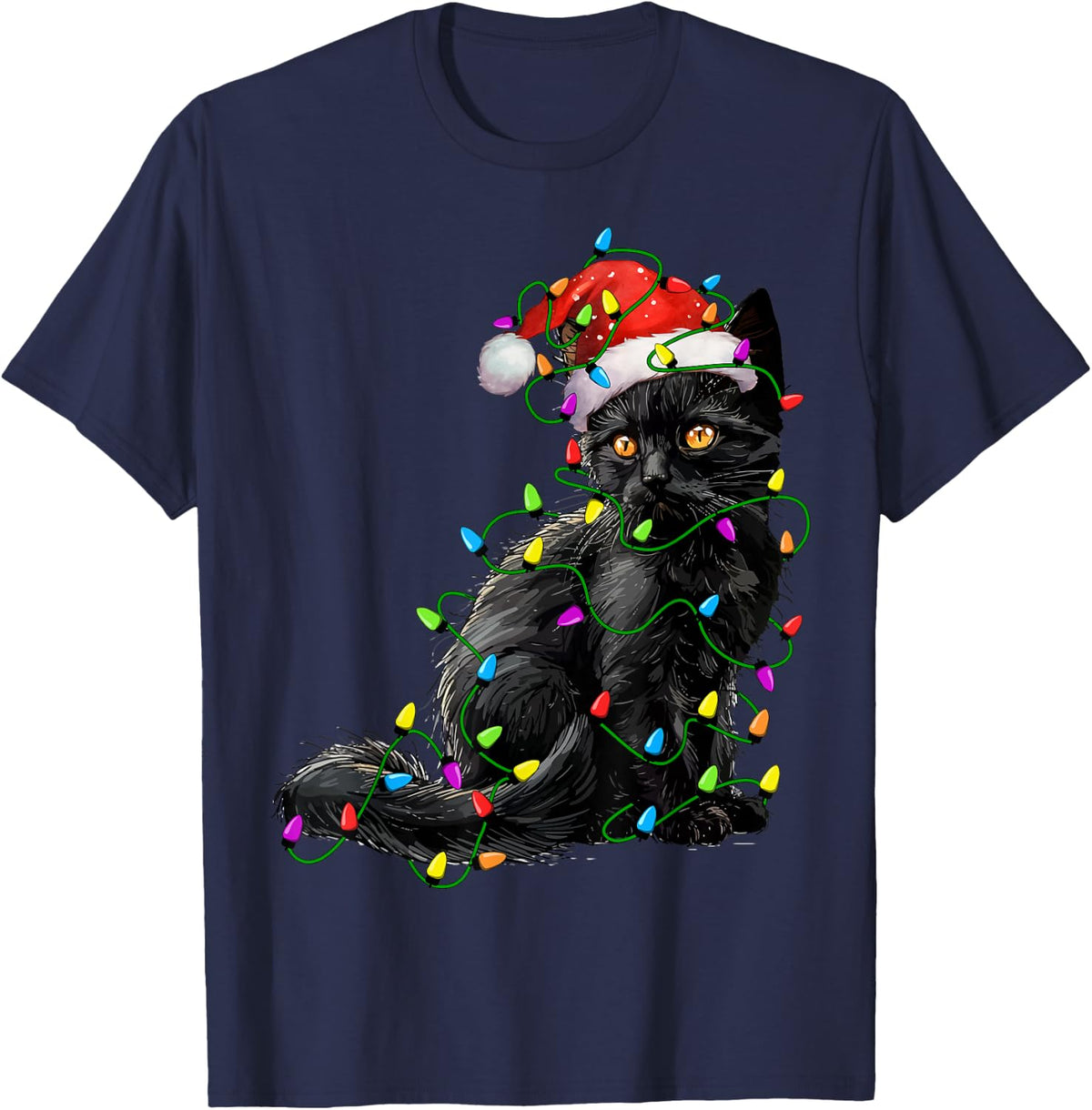 Black Cat Santa Christmas Tree Lighting Xmas Funny T-Shirt - Navy Blue