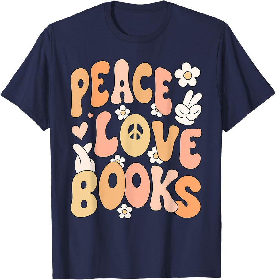 Peace Love Books, Groovy Bookworm Book Nerd Reading Lover T-Shirt - Navy Blue