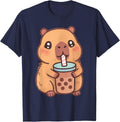 Cute Capybara Drinking Boba Bubble Tea Kawaii Animal Art T-Shirt - Navy Blue