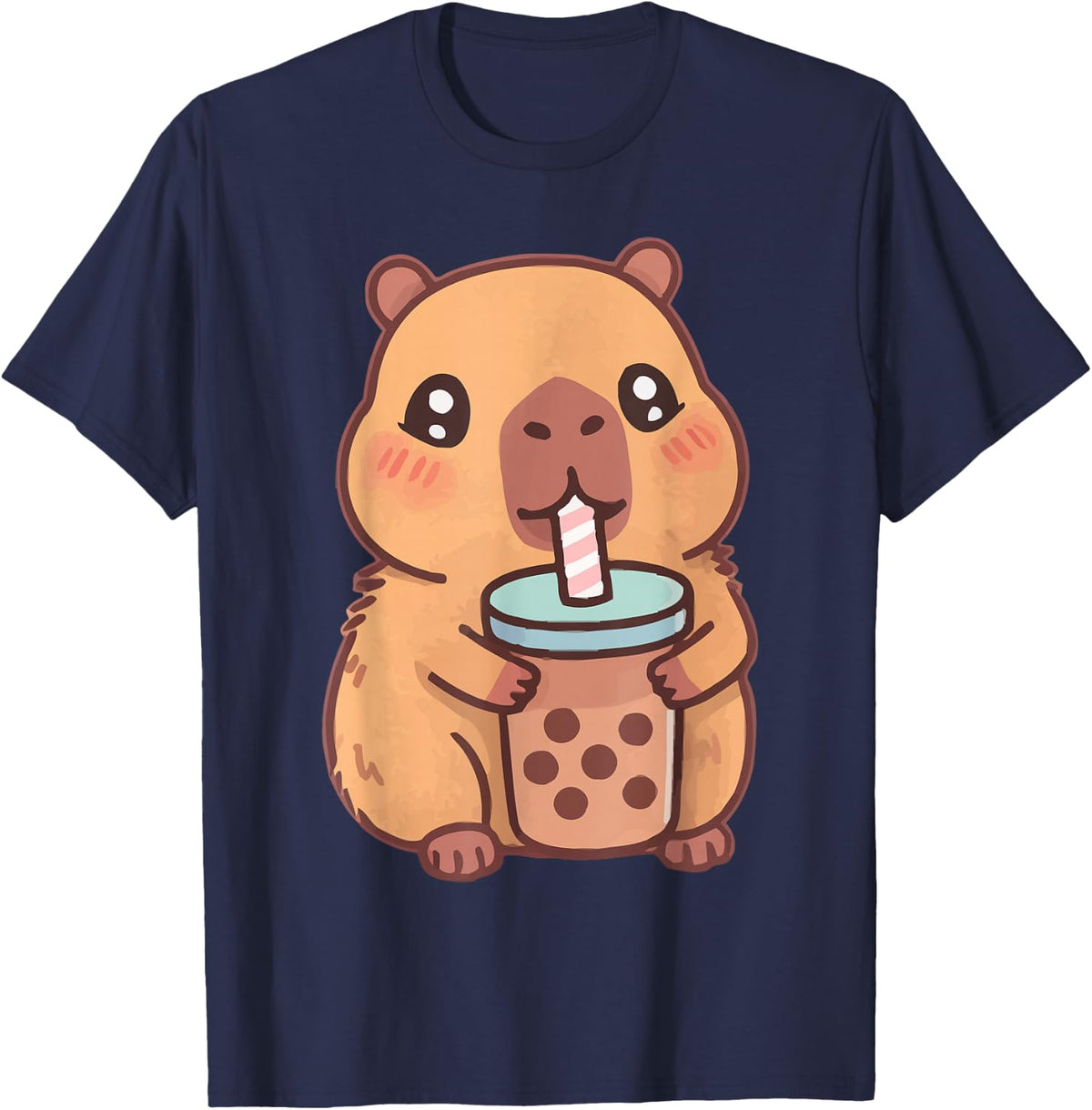 Cute Capybara Drinking Boba Bubble Tea Kawaii Animal Art T-Shirt - Navy Blue