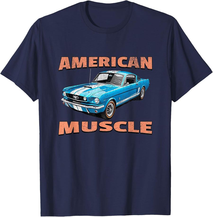 American Muscle Car, Vintage Retro Classic Car Graphic T-Shirt - Navy Blue