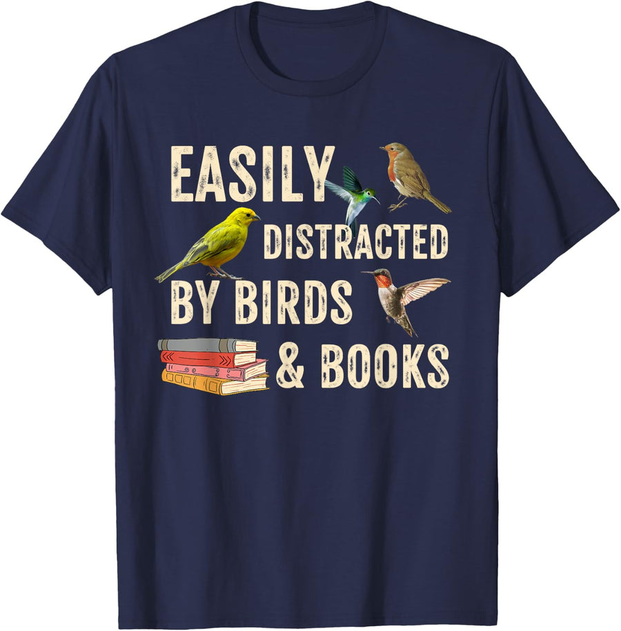 Easily Distracted By Birds & Books Vintage Funny Birder T-Shirt - Navy Blue