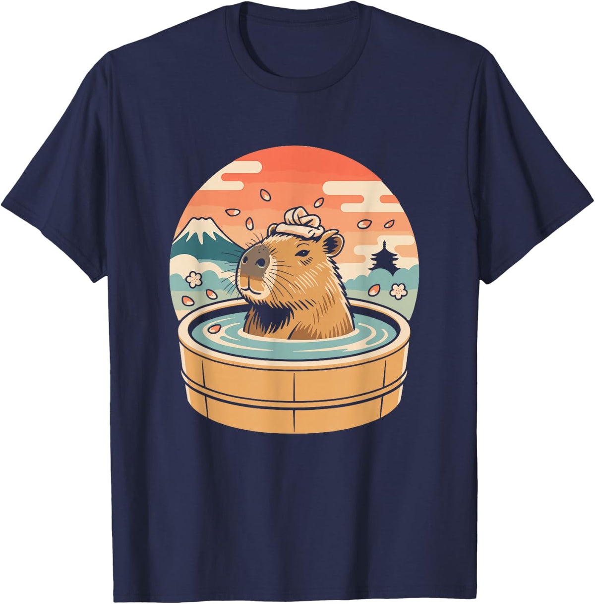 Capybara Relaxing Onsen Japanese Graphic Tee T-Shirt - Navy Blue
