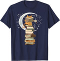 Kawaii Reading by moonlight, books, coffee and cute cat T-Shirt - Navy Blue