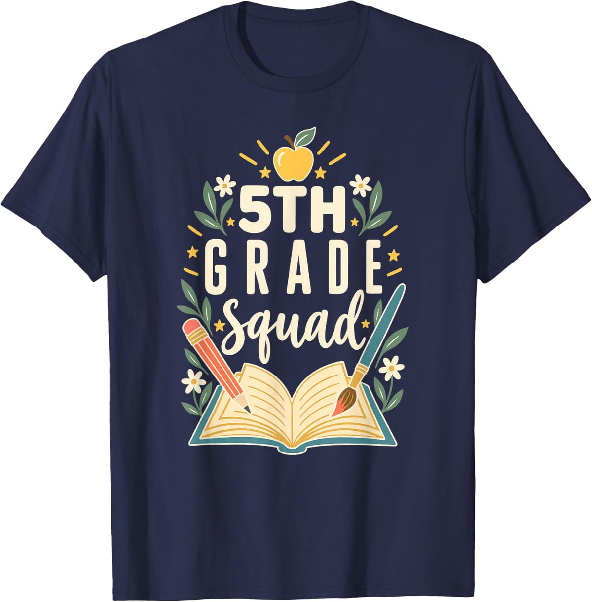 5TH Grade Squad Kids School Apple Book Pencil T-Shirt - Navy Blue