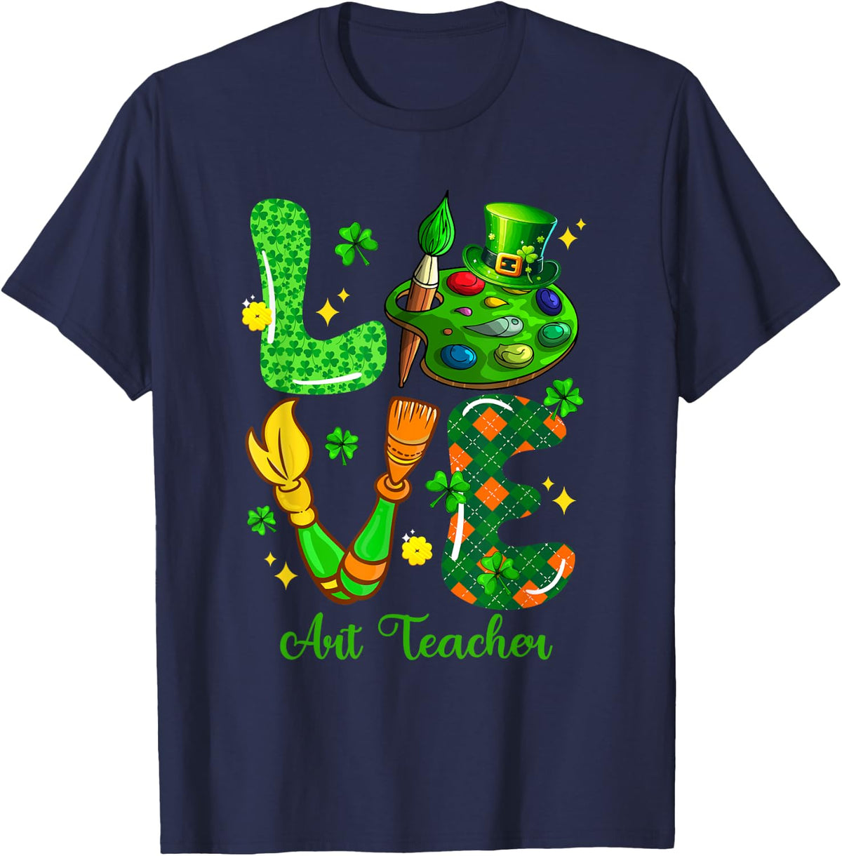 LOVE Art Teacher St. Patrick's Day Teaching Tools Shamrocks Men Women Kids T-Shirt - Navy Blue