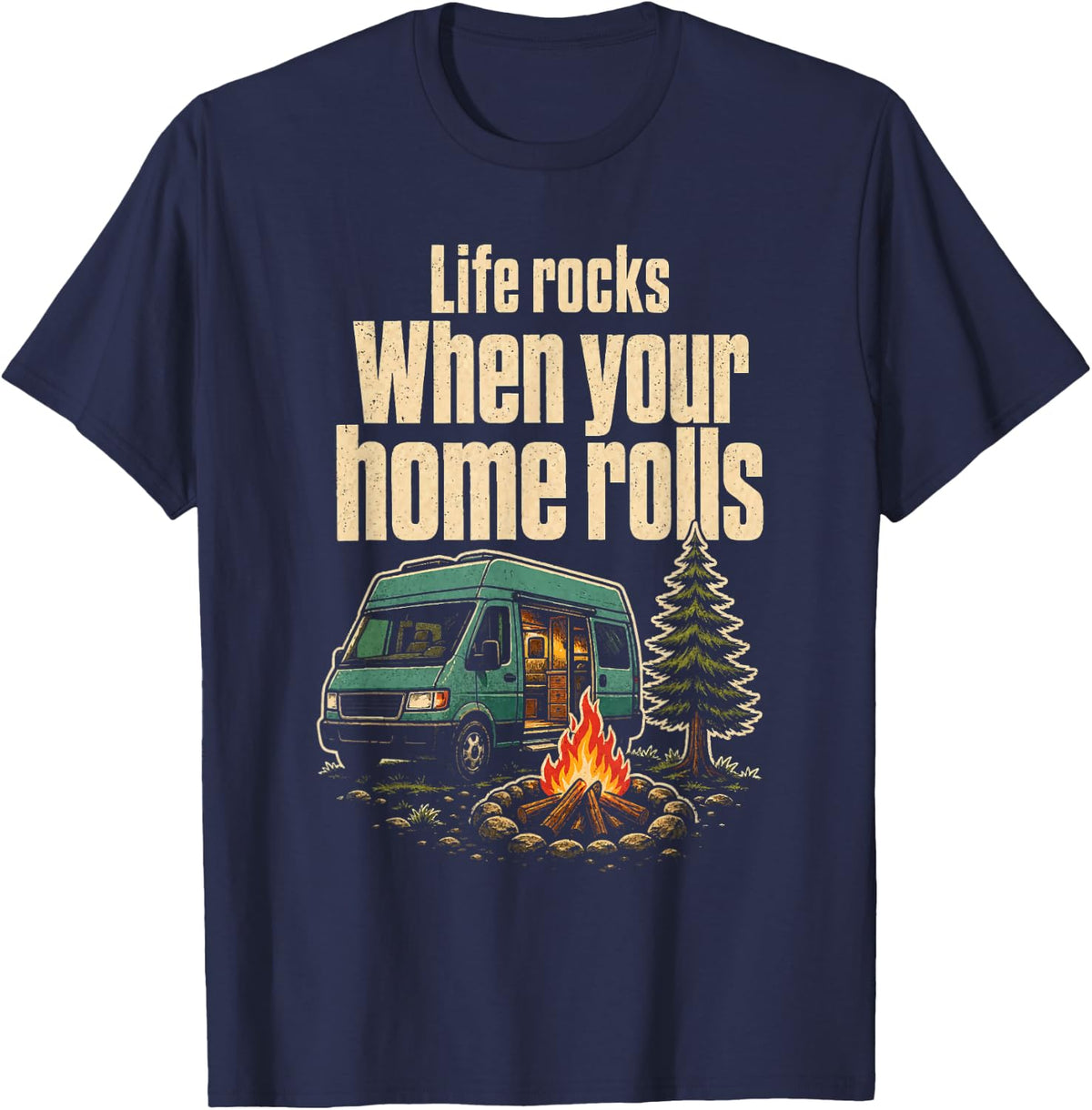 Camping Life Rocks When Your Home Rolls Camper Van Retro T-Shirt - Navy Blue