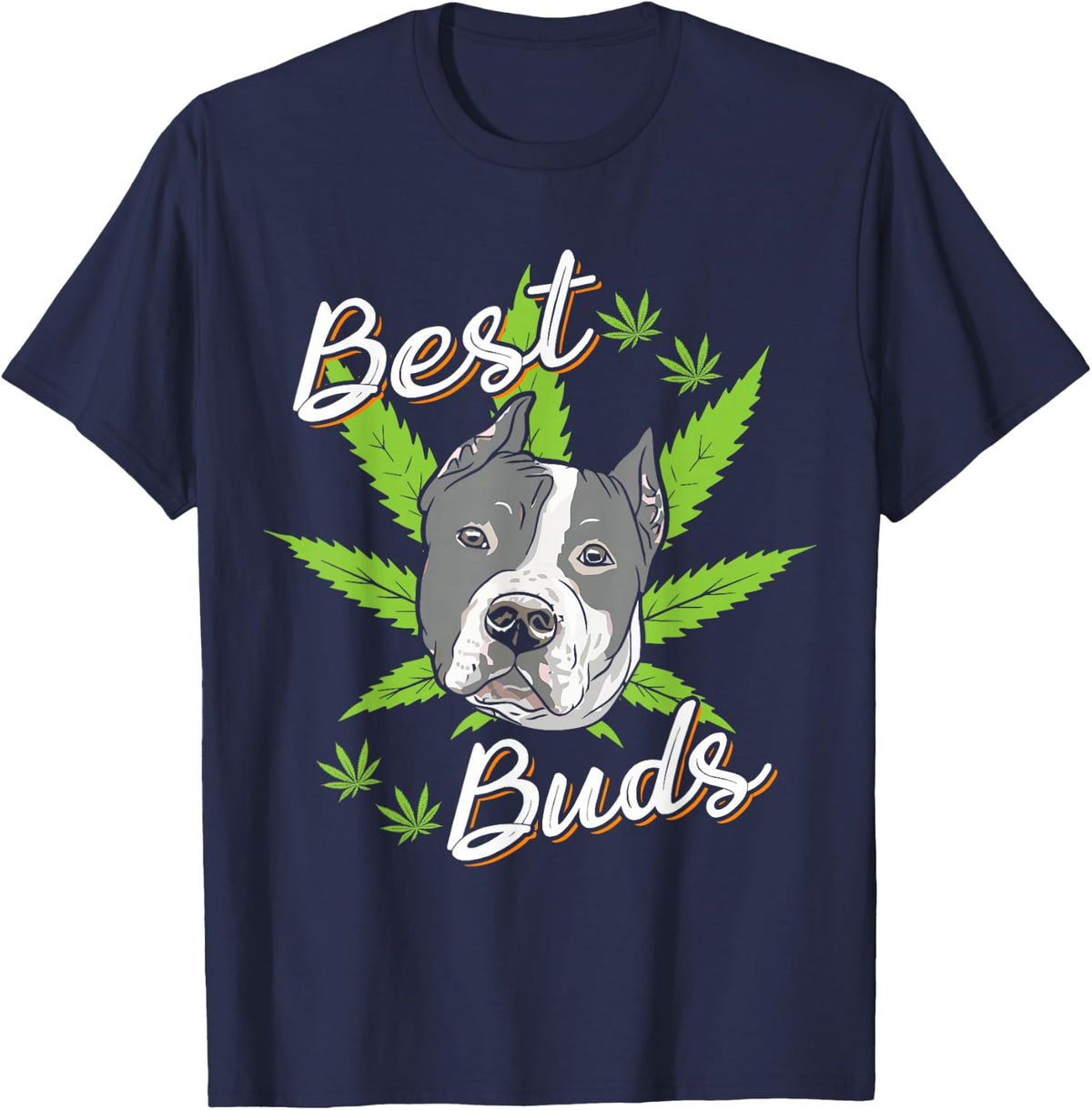 Best Buds Weed Pitbull Dog with Gold Marijuana Leaf Dog Gift T-Shirt - Navy Blue