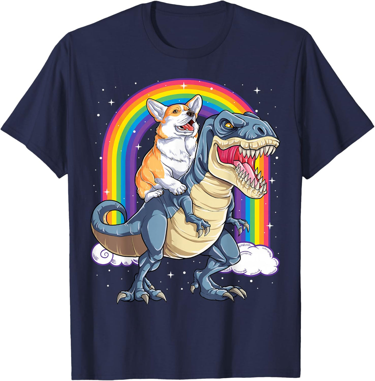 Corgi Riding Dinosaur T-rex Gifts Men Women Rainbow Funny T-Shirt - Navy Blue