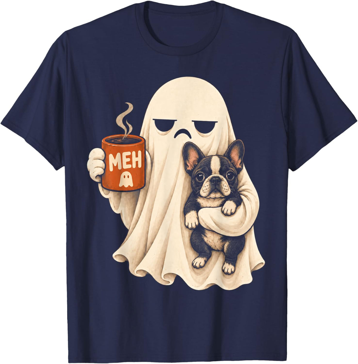 French Bulldog Dog Spooky Ghost Coffee Halloween Costume T-Shirt - Navy Blue