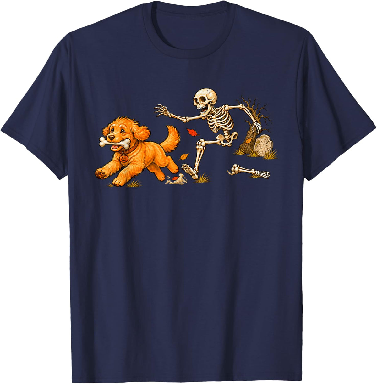 Goldendoodle Dog Stealing Bone from Skeleton Halloween T-Shirt - Navy Blue