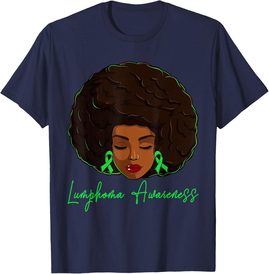 Black Women Lymphoma Cancer Awareness Shirt Afro Girl Ribbon T-Shirt - Navy Blue