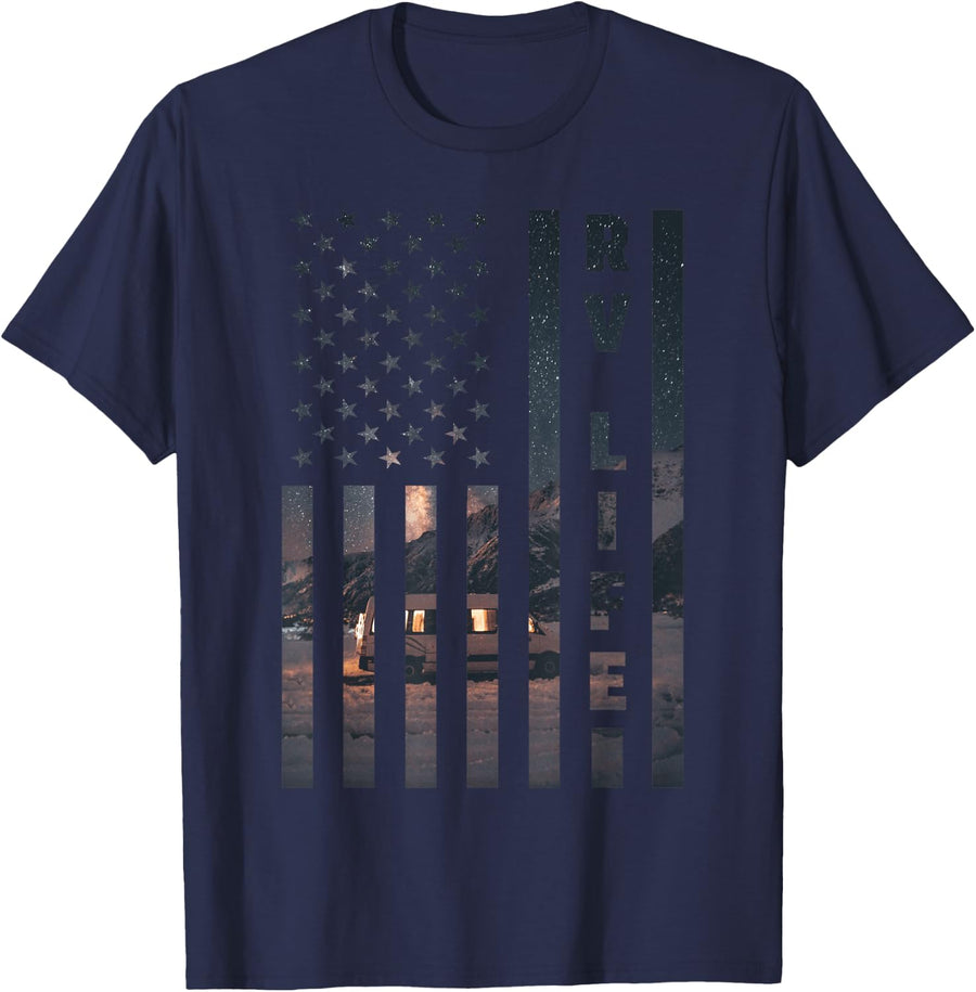 RV Van Life American Flag Recreational Vehicle Camper Hiker T-Shirt - Navy Blue