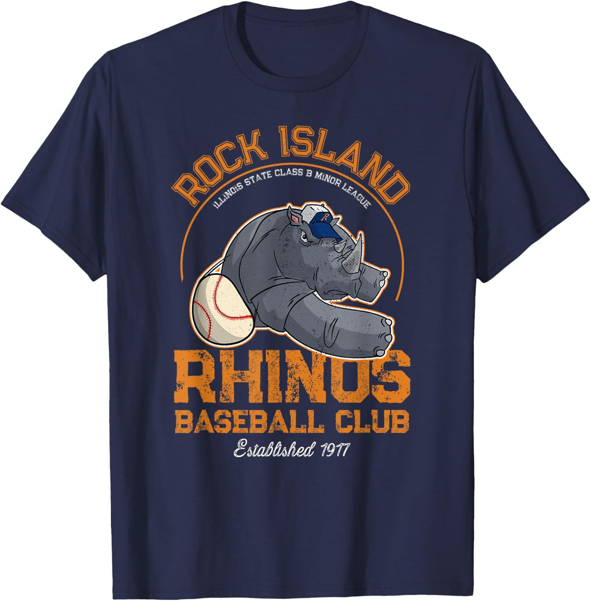 Rock Island Rhinos Retro Minor League Baseball Team T-Shirt - Navy Blue