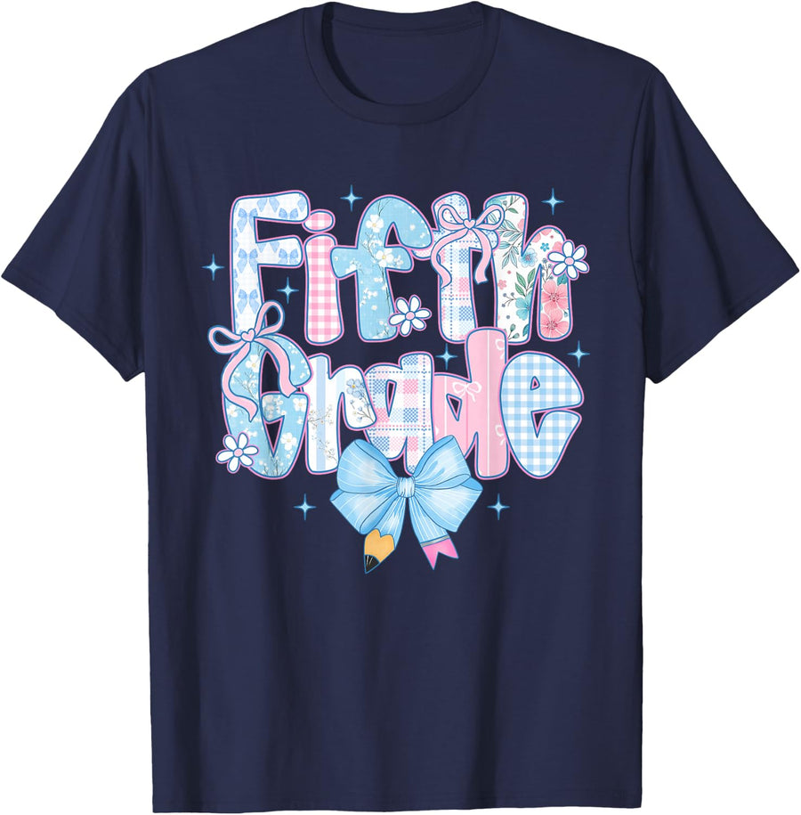 Preppy Bow Fifth Grade Back to School 5th Grade Teacher Girl T-Shirt - Navy Blue