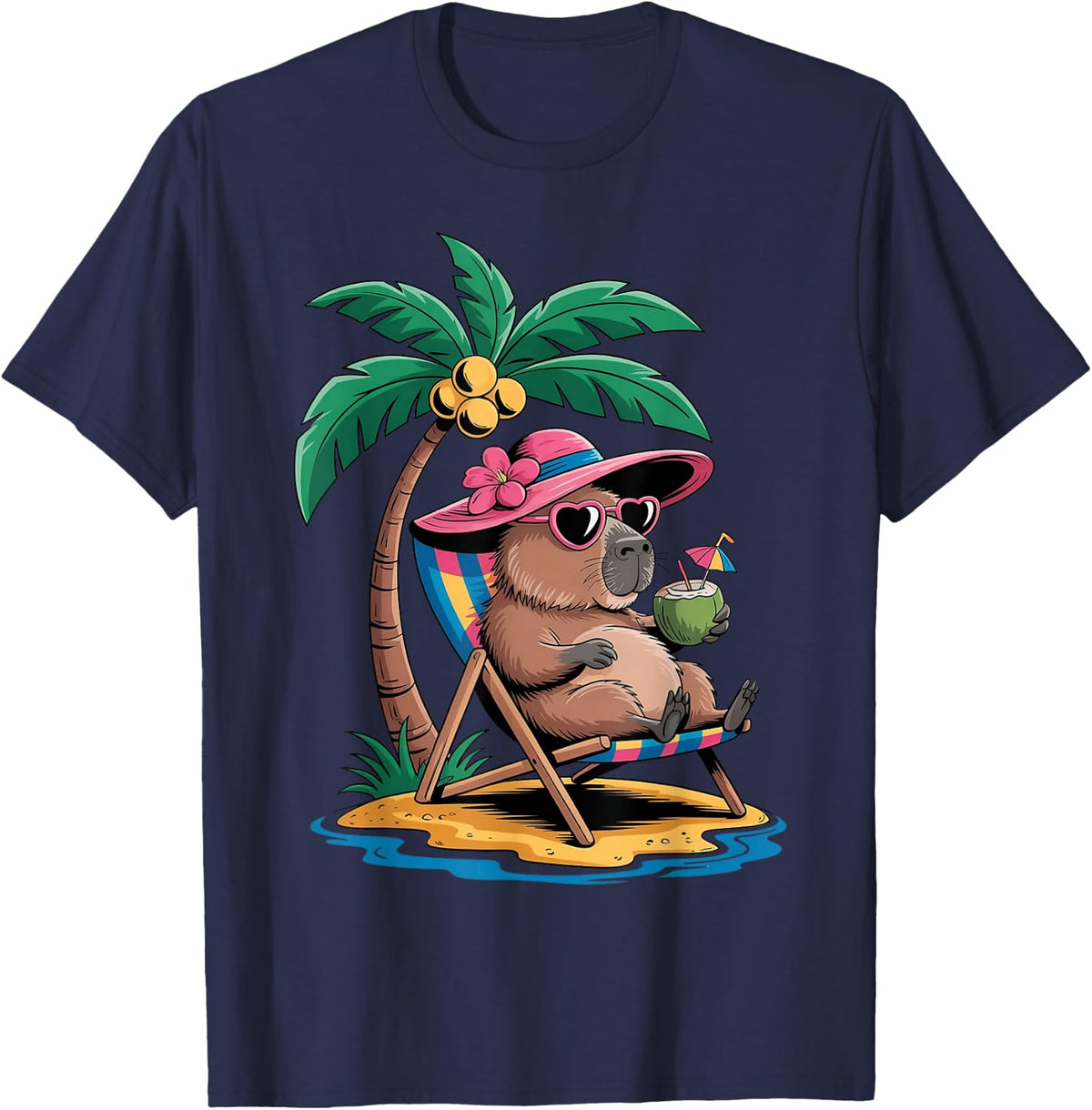 Capybara Summer Vacation Trip Vacay Tropical Beach Capy T-Shirt - Navy Blue