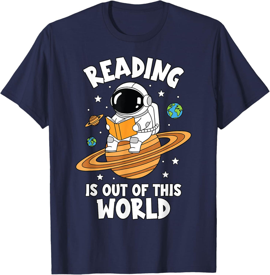 Reading is Out of This World Astronaut Space Book Lover T-Shirt - Navy Blue