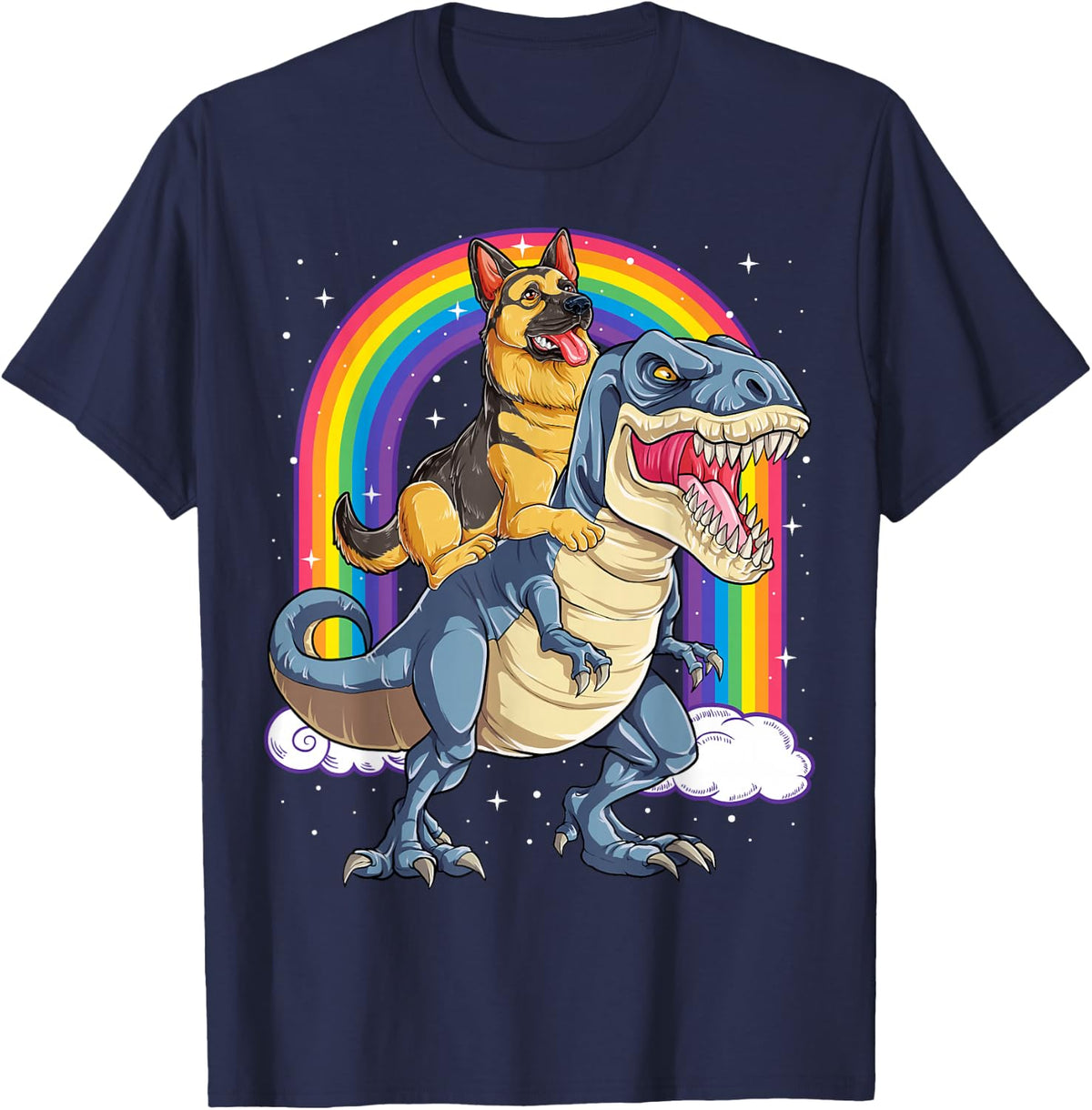 German Shepherd Riding Dinosaur T-rex Gift Boys Kids Rainbow T-Shirt - Navy Blue