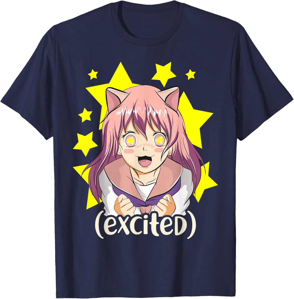 Anime Japanese Girl Manga Excited Face Cat Otaku Ramen Gift T-Shirt - Navy Blue