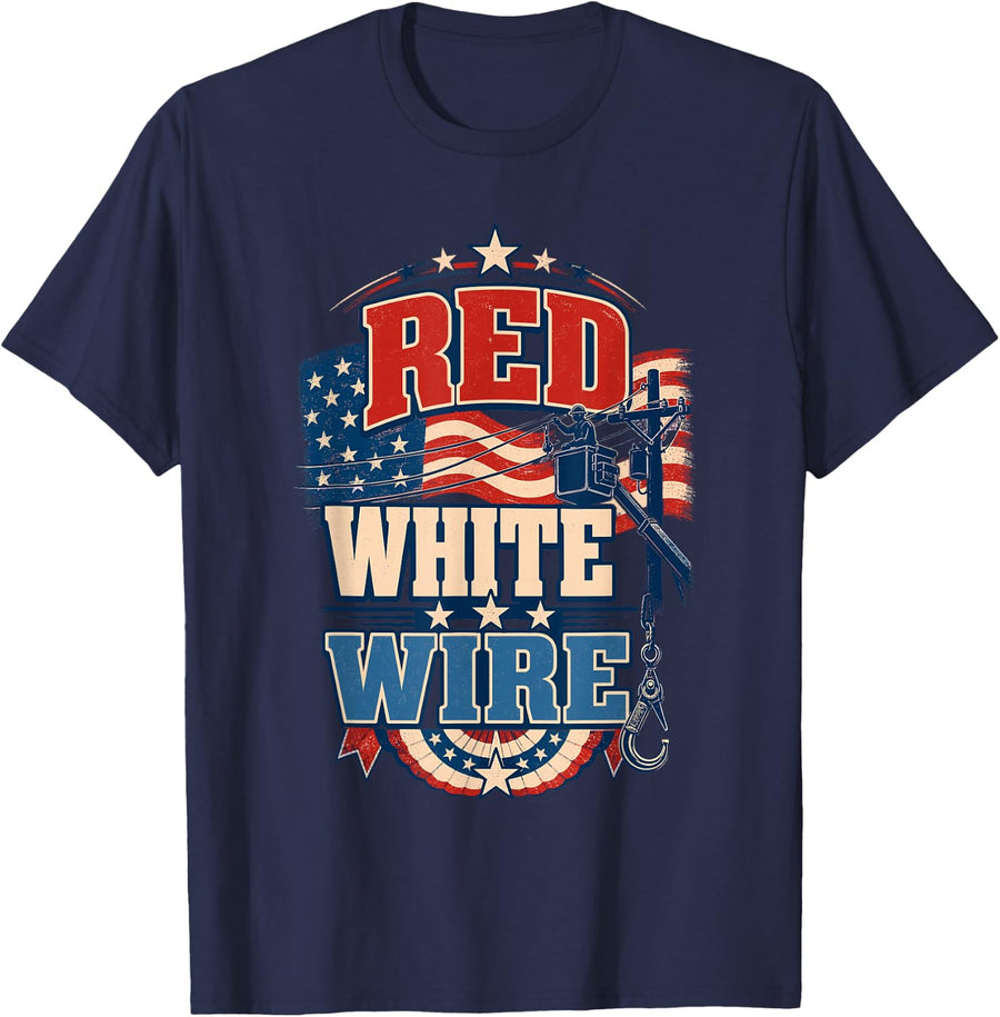 Red White Wire Lineman Power T-Shirt - Navy Blue