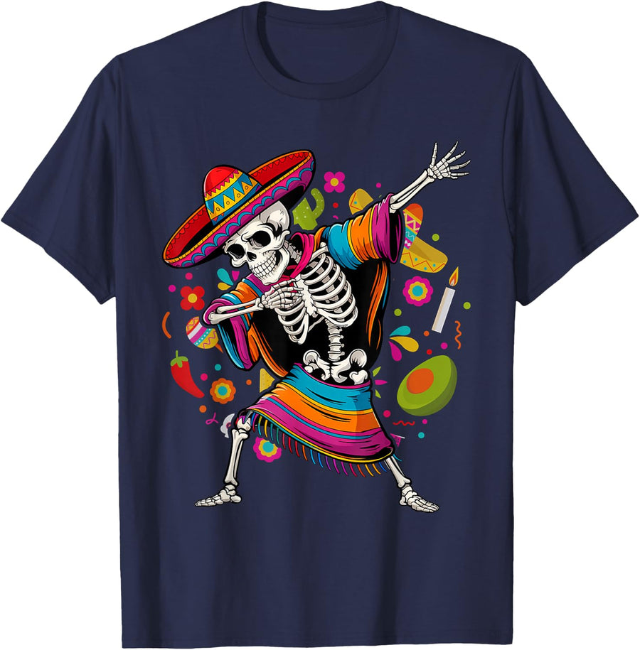 Dabbing Skeleton Sombrero Poncho Cinco De Mayo Mexican Party T-Shirt - Navy Blue