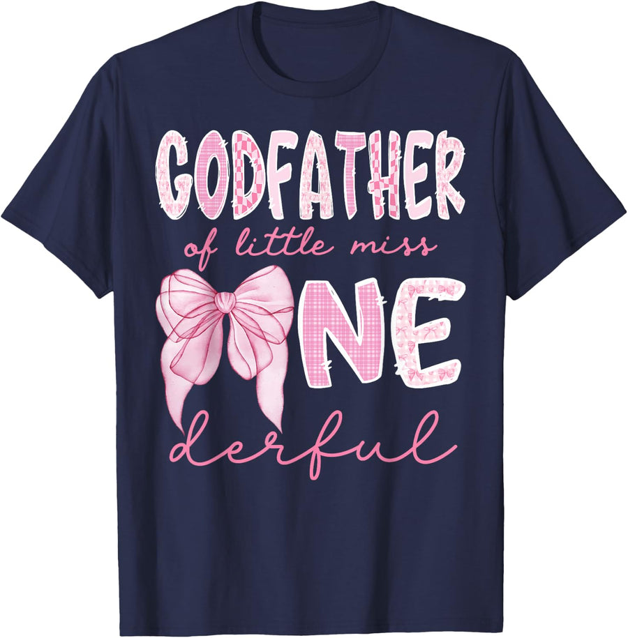 Godfather of Little Miss Onederful First Birthday Girl Bow T-Shirt - Navy Blue
