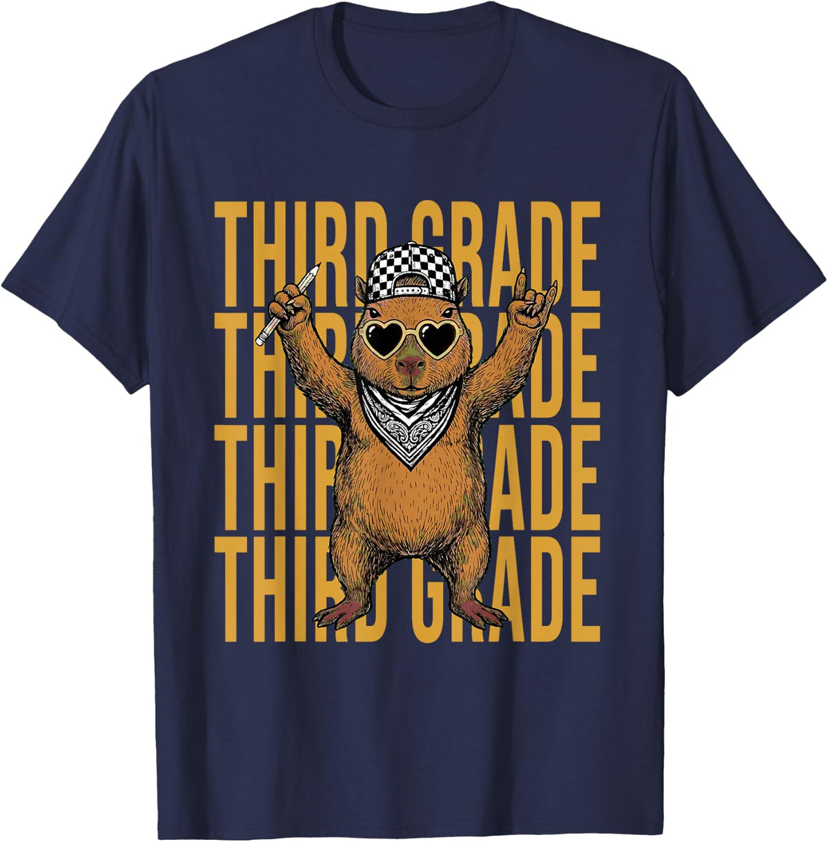 Third Grade Capybara Teacher Back to School Rock Gesture T-Shirt - Navy Blue