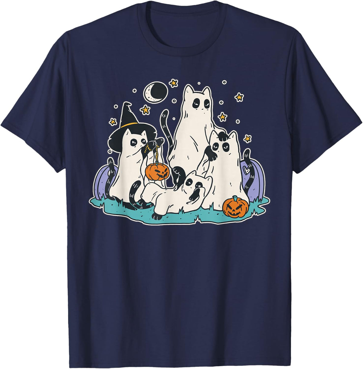 Black Cats in Ghost Costume - Cute Women and Men Halloween T-Shirt - Navy Blue
