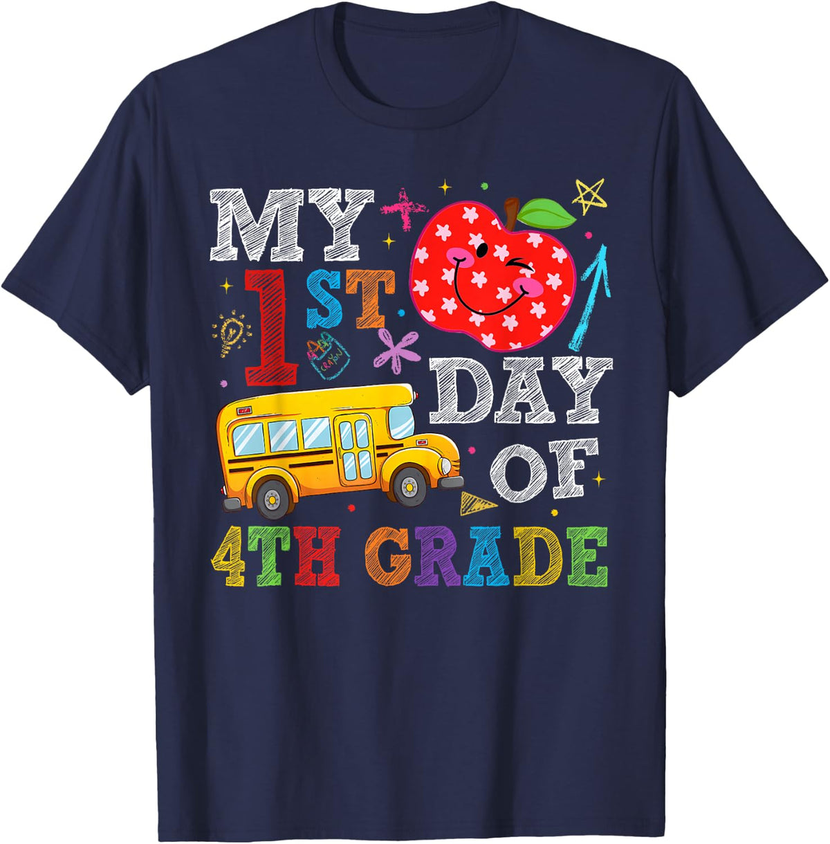My 1st Day of 4th Grade Bus Apple Back to School Boy Girl T-Shirt - Navy Blue