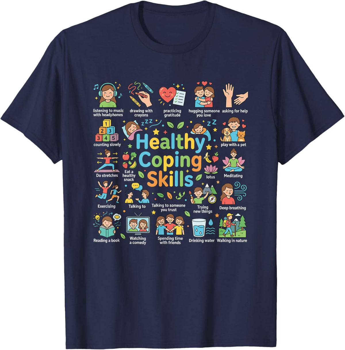 Healthy Coping Skills Mental Health Awareness Graphic T-Shirt - Navy Blue
