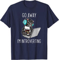Go Away I'm Introverting Finny Cat with Laptop and Coffee T-Shirt - Navy Blue