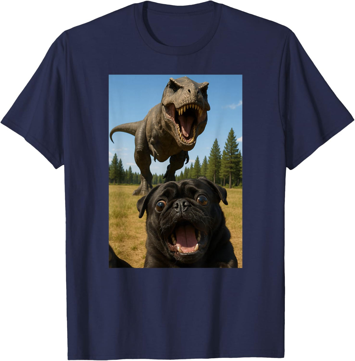 Funny Black Pug Dinosaur Trex Selfie Animal Lover Mom Dad T-Shirt - Navy Blue