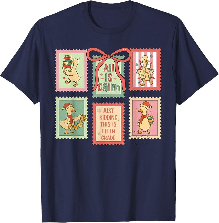 Fifth Grade Teacher Christmas Stamp Bow Goose 5th Grade Team T-Shirt - Navy Blue