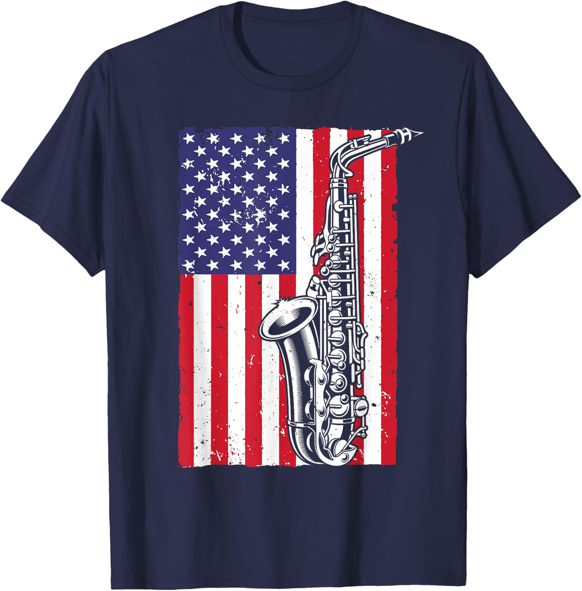 Cool Saxophone For Men Women American Flag Jazz Music Player T-Shirt - Navy Blue
