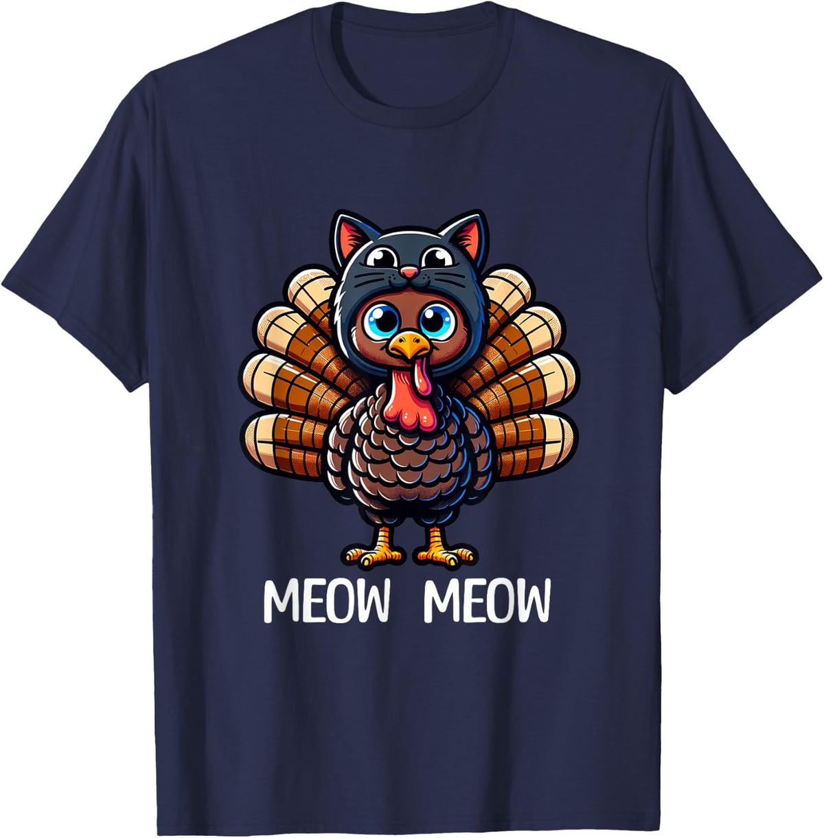 Thanksgiving Turkey Cat Men Women Funny Thanksgiving T-Shirt - Navy Blue