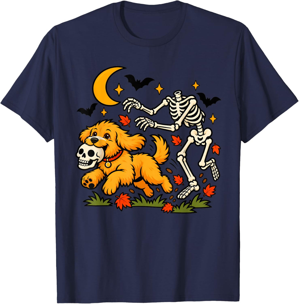 Goldendoodle Dog Stealing Skull from Skeleton Halloween T-Shirt - Navy Blue