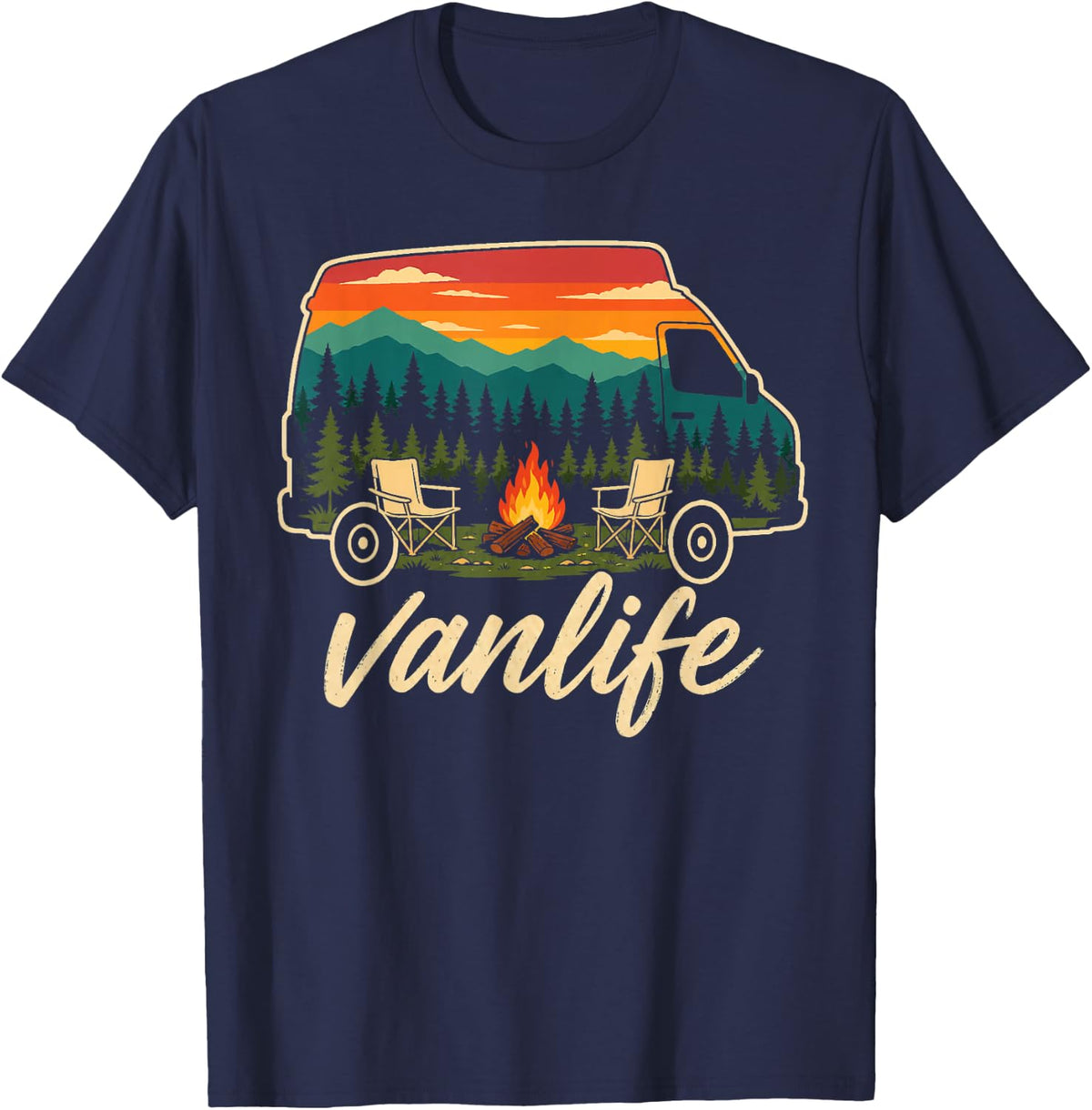 Camping Vanlife Camper Van Life Mountains Campfire Sunset T-Shirt - Navy Blue